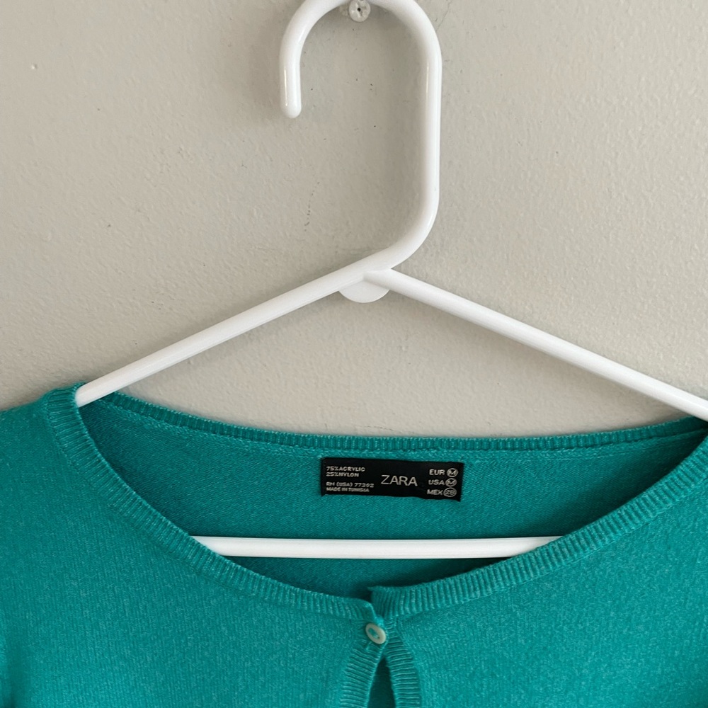 TEAL CARDIGAN SWEATER BUTTON FRONT ZARA 3/4 SLEEVES - Picture 4 of 8